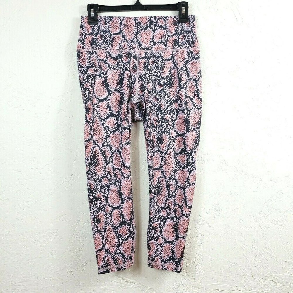 Fabletics Womens Cropped Leggings S M Pink Geo Pebble Print Wide Waist High Rise